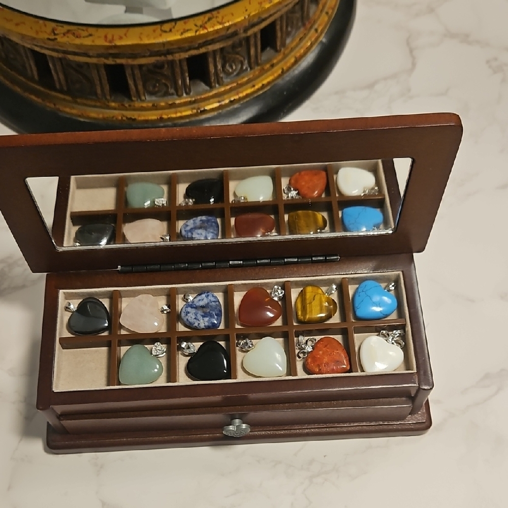 Wooden Jewelry Organizer with Assorte Gemtones Heart SHAPED pendants